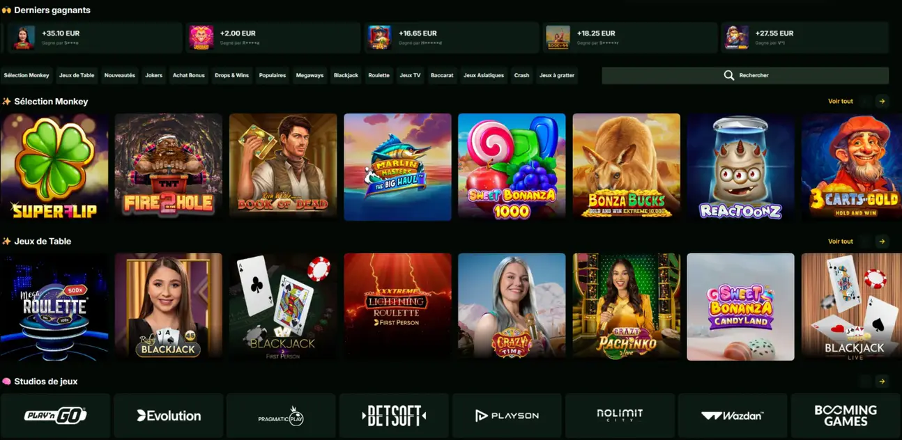 Catalogue de jeux de Slot Monkey avec machines à sous, jeux de table, blackjack, roulette, jeux crash et logos des fournisseurs