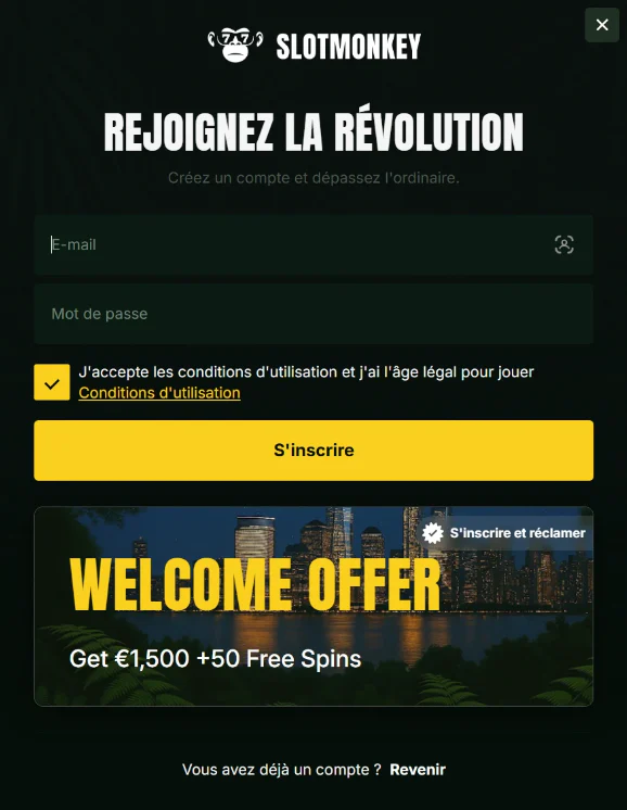 Formulaire d'inscription de Slot Monkey avec champs e-mail et mot de passe, acceptation des conditions et bonus de bienvenue de 1 500 € avec 50 tours gratuits